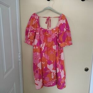 Free Assembly Pink Orange Floral Puff Sleeves Tie Back Pockets Dress L Vacation
